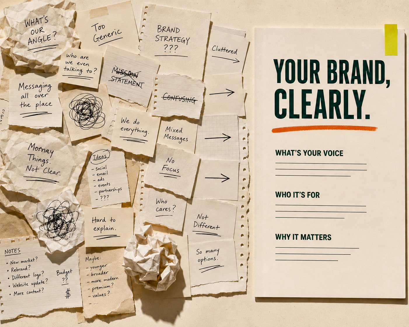 A wall of scribbled, crumpled brand questions resolving into one clean page titled: your brand, clearly